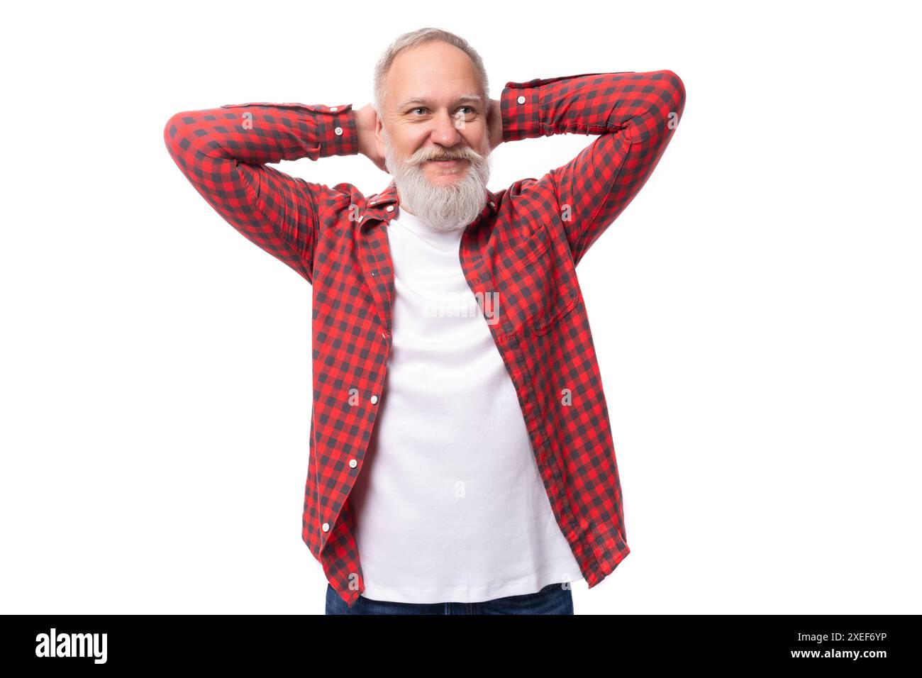 Soddisfatto pensionato di 60 anni dai capelli grigi con barba e baffi Foto Stock