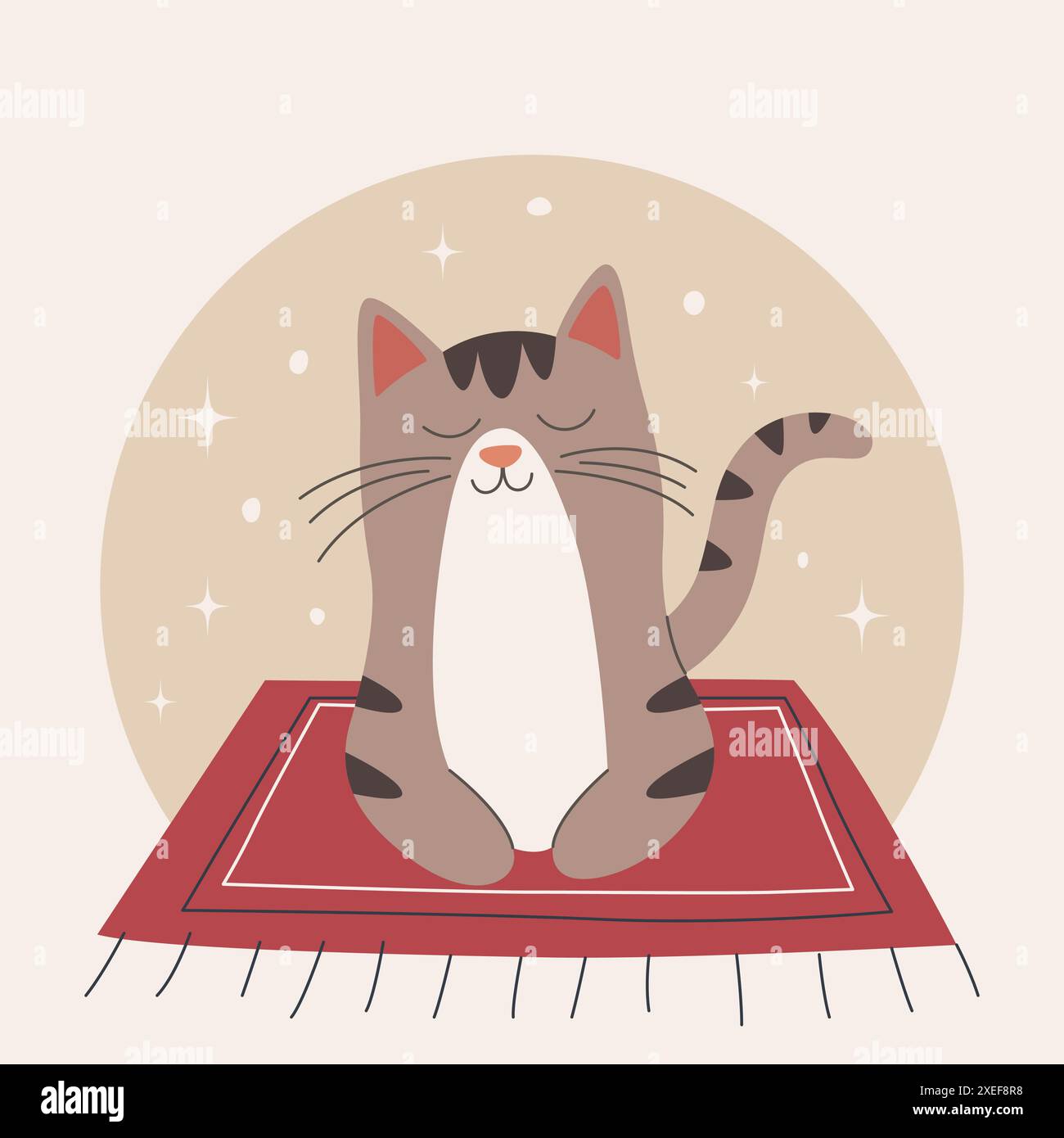 Vector Flat Grey Dreaming Cat. Cartoon Cat giacente sul tappetino. Gatto carino e divertente nella vista frontale Illustrazione Vettoriale