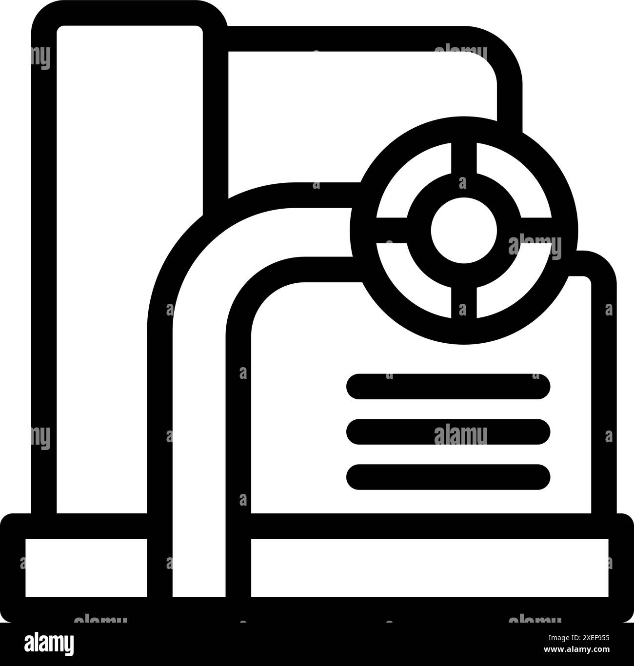 Icona della pompa dell'acqua industriale che rappresenta un sistema di pompaggio dell'acqua per uso industriale, con tubi e valvole Illustrazione Vettoriale