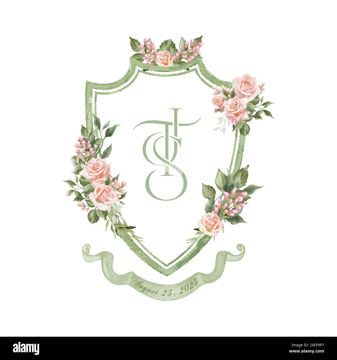 Stemma da sposa ad acquerello dipinto a mano con decorazioni floreali e tre monogrammi iniziali JTS per eventi speciali o insegne personali. Illustrazione Vettoriale