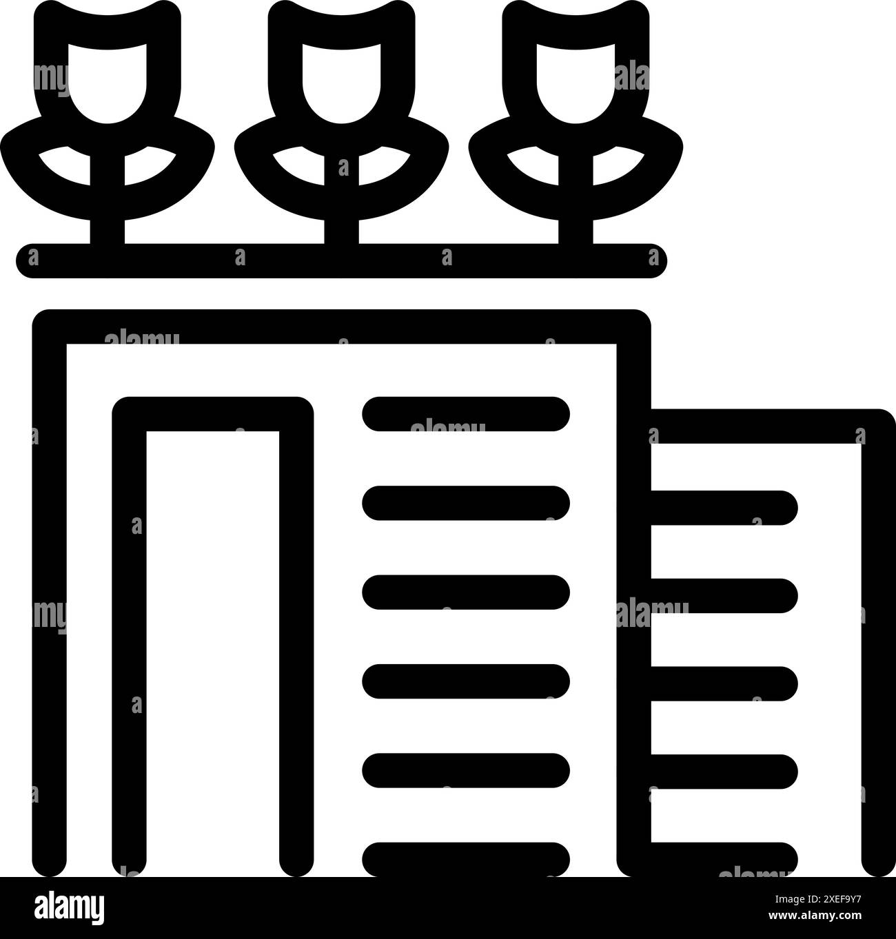 Icona lineare della facciata di un negozio di fiori con tulipani che crescono sul tetto Illustrazione Vettoriale