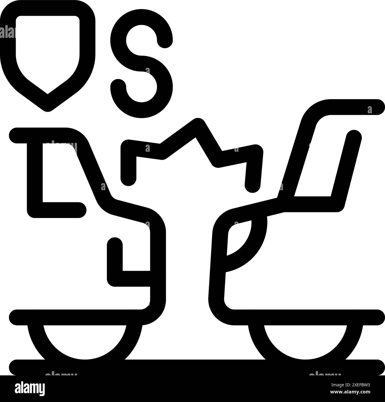 Icona a forma di linea di due auto che si scontrano l'una contro l'altra con simboli assicurativi e monetari Illustrazione Vettoriale