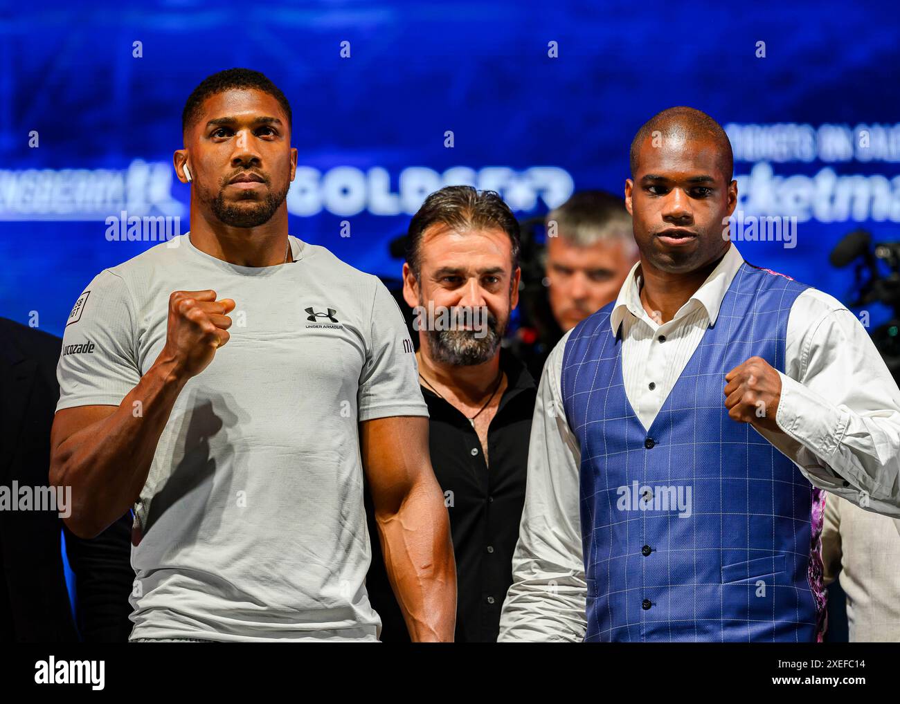 LONDRA, REGNO UNITO. 26 giugno 2024. Anthony Joshua (a sinistra) e Daniel Dubois (a destra) si affrontano durante la conferenza stampa Queensberry, Matchroom e Riyadh Season presso OVO Arena, Wembley mercoledì 26 giugno 2024, LONDRA, INGHILTERRA. Crediti: Taka G Wu/Alamy Live News Foto Stock