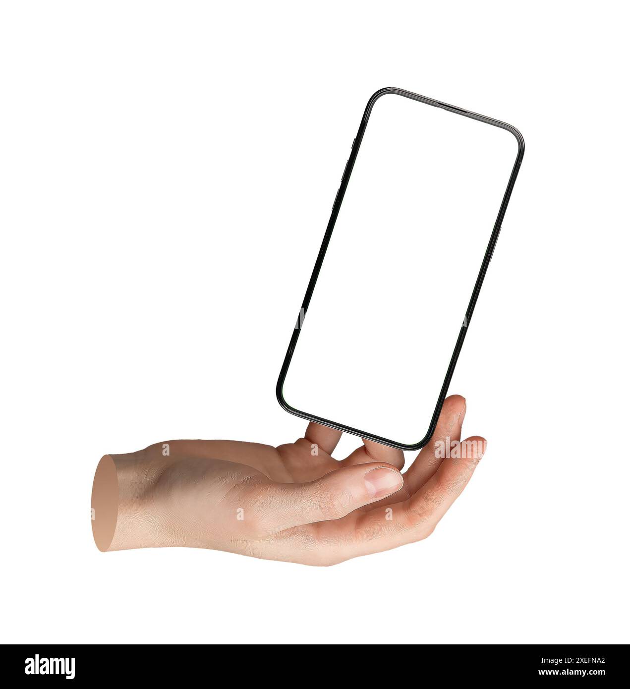 Mockup dello schermo del telefono in levitazione. Raggiungere per acquisire il modello mobile. Smartphone, telefono cellulare, tecnologia digitale isolata su sfondo bianco Foto Stock