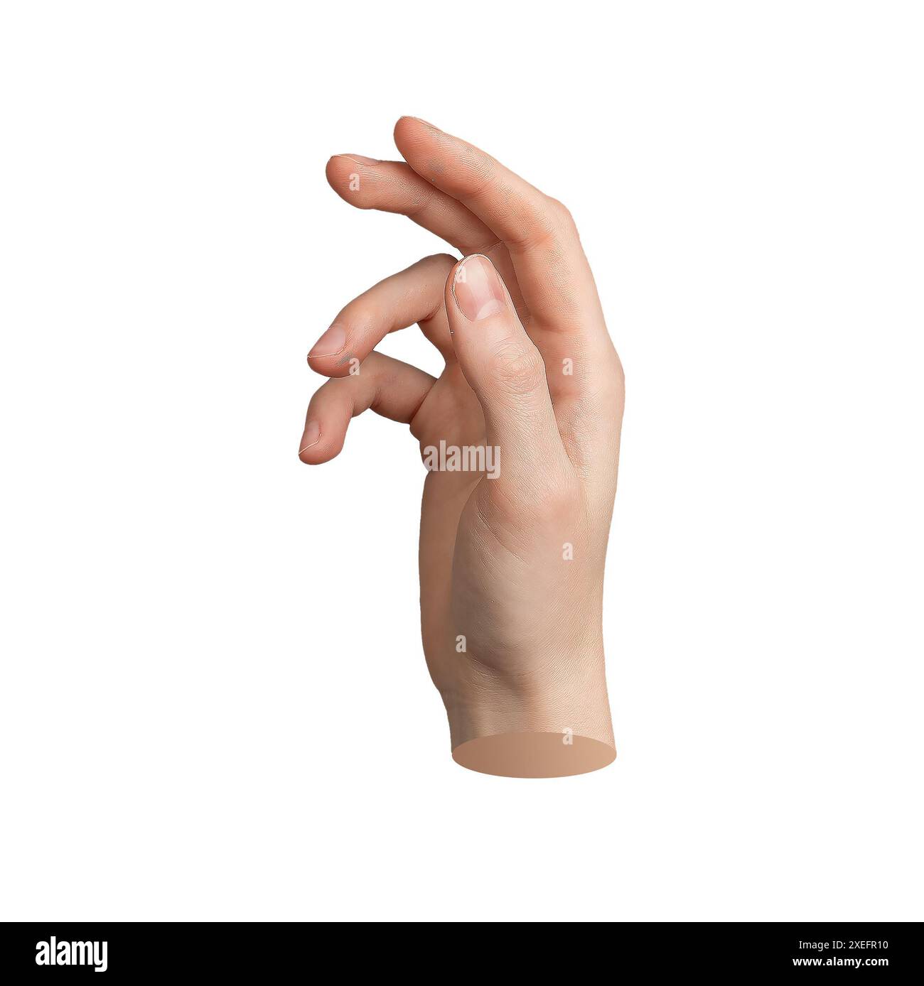 Gesto al tatto con la mano, isolato su sfondo bianco. Segno del dito, simbolo dello spazio virtuale invisibile, leggermente piegato. Vuoto, allungamento vuoto. Fare clic su, premere Foto Stock