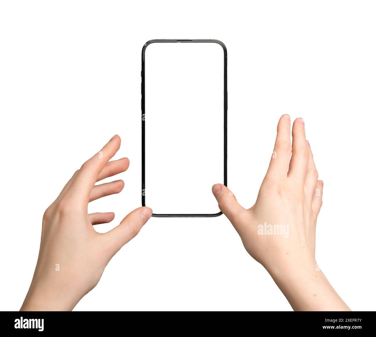Mano che si avvicina per il modello dello schermo del telefono, che desidera afferrare uno smartphone, un telefono cellulare vuoto e chiaro. Sfondo bianco, con app, isolato per la promozione. Foto Stock