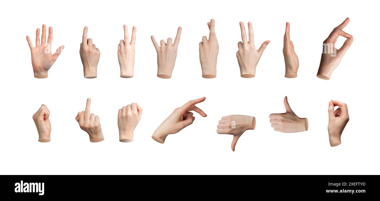 Set di gesti della mano, segni diversi. Braccio bianco isolato, dito, pugno, OK, pollice su e giù, vittoria, corna, pizzico. Icone 3D di base. Pace, puntamento, c Foto Stock