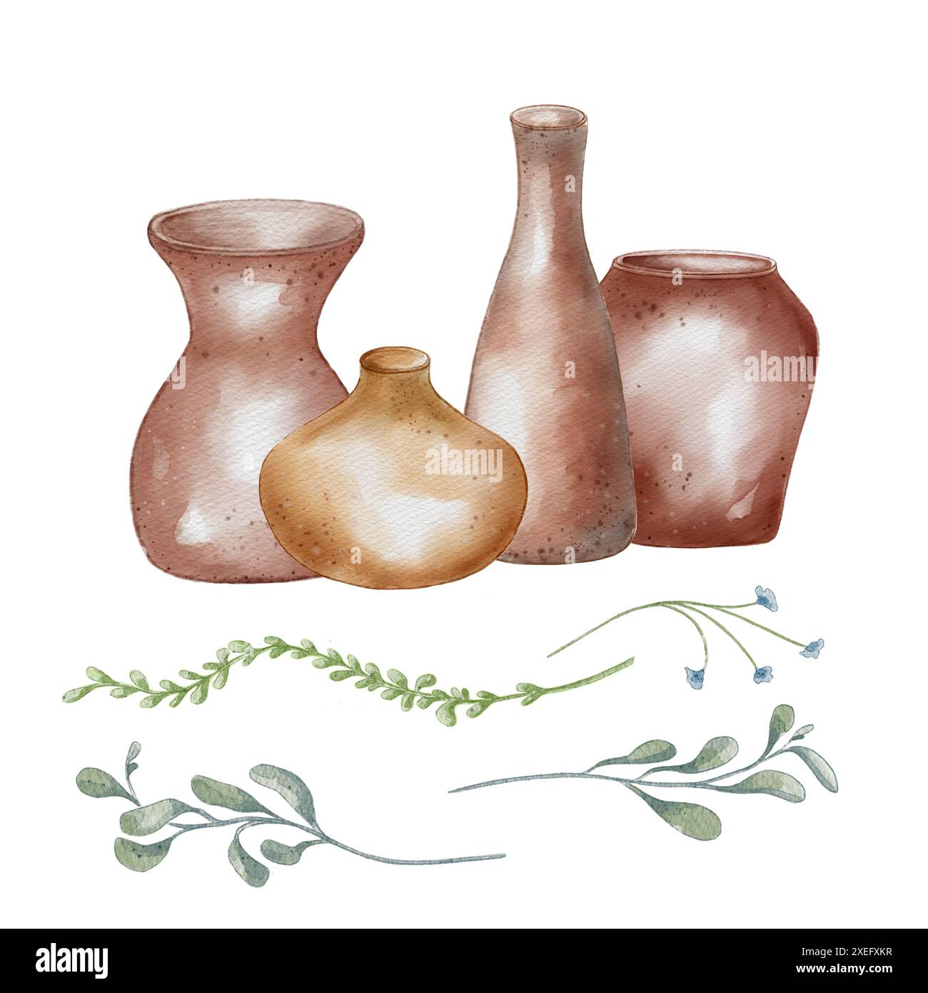 Set di ceramiche in fila ed elementi vegetali in tonalità pastello. Caraffa alta e vaso largo con illustrazione ad acquerello isolata. Foglie e piatti di argilla a mano Foto Stock