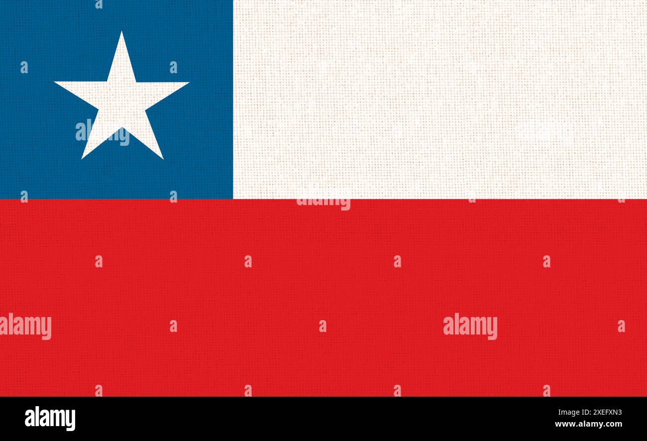 Bandiera del Cile. Bandiera cilena sulla superficie del tessuto. Simbolo nazionale del Cile su sfondo a motivi geometrici. sou Foto Stock
