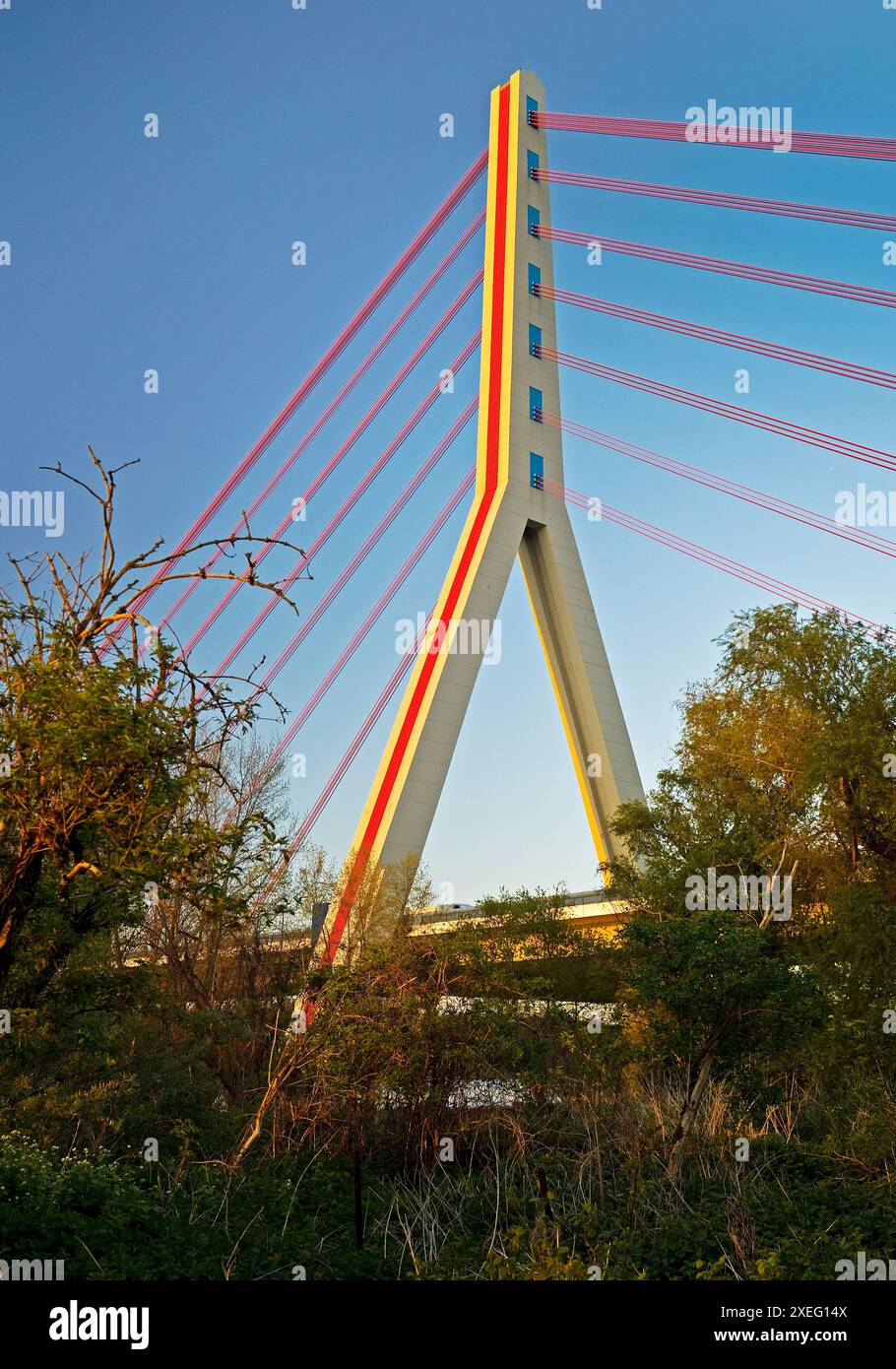 Fleher Bridge con la riserva naturale Uedesheimer Rheinaue, Neuss, basso Reno, Germania, Europa Foto Stock