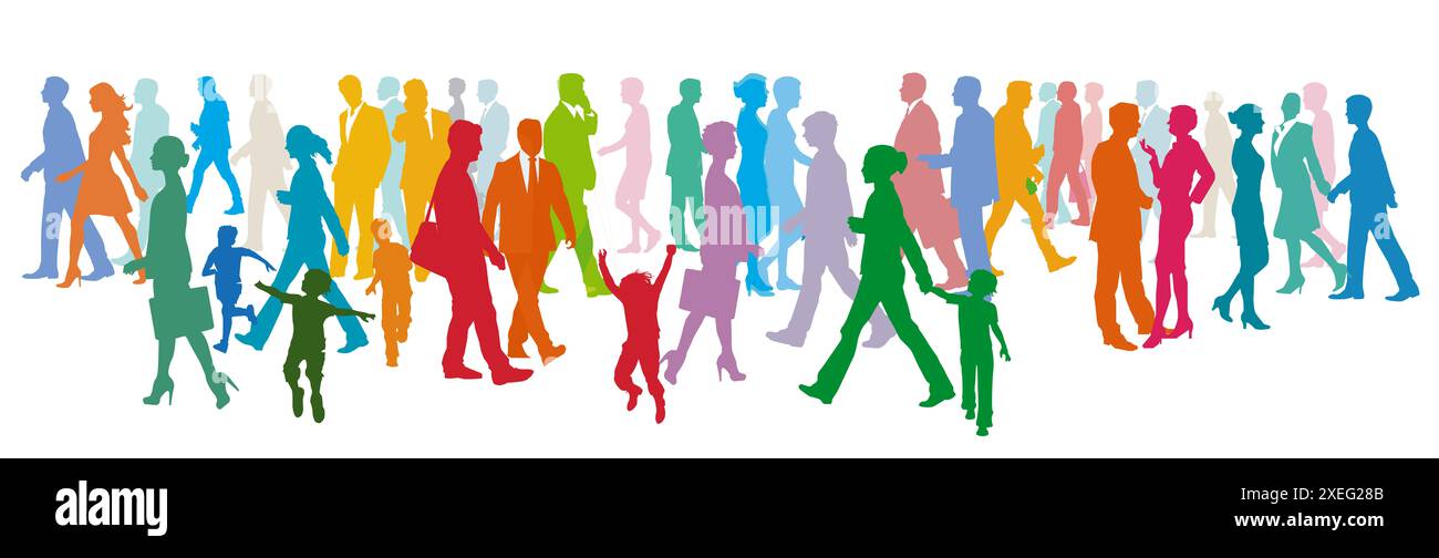 Un grande gruppo di persone diverse in città. illustrazione Foto Stock