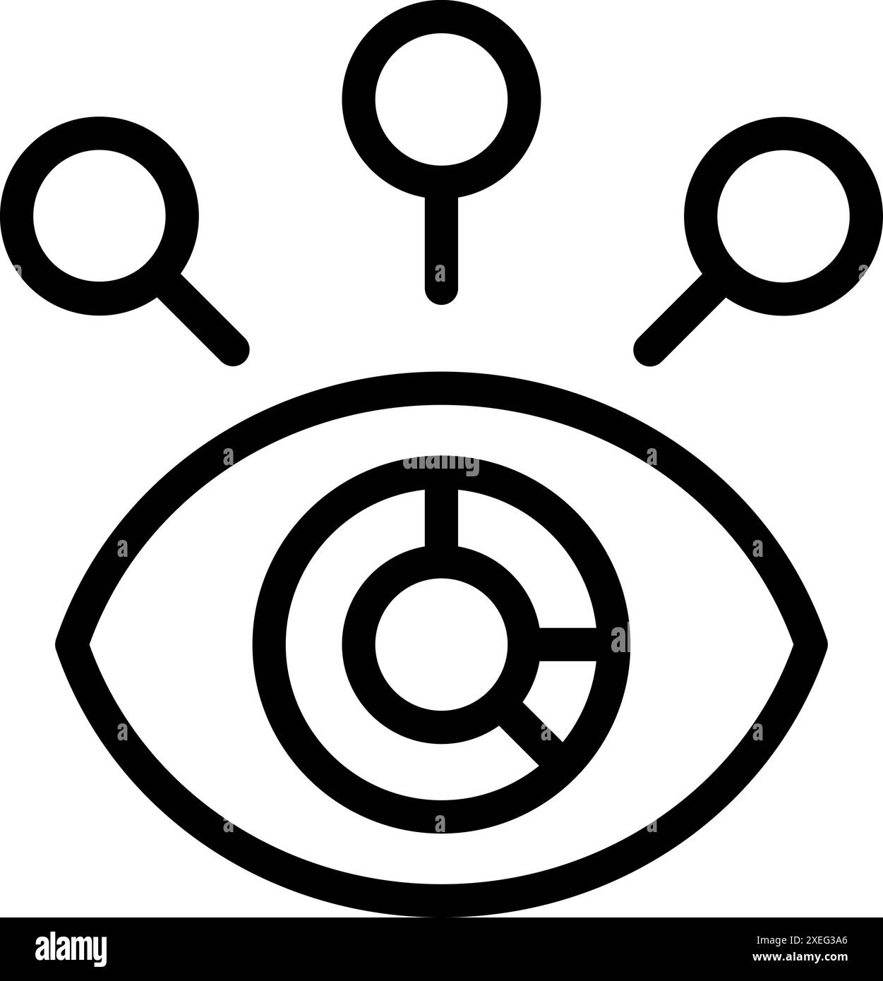 Eye sta analizzando i dati di mercato rappresentati da un grafico a torta, utilizzando lenti di ingrandimento per approfondimenti aziendali Illustrazione Vettoriale