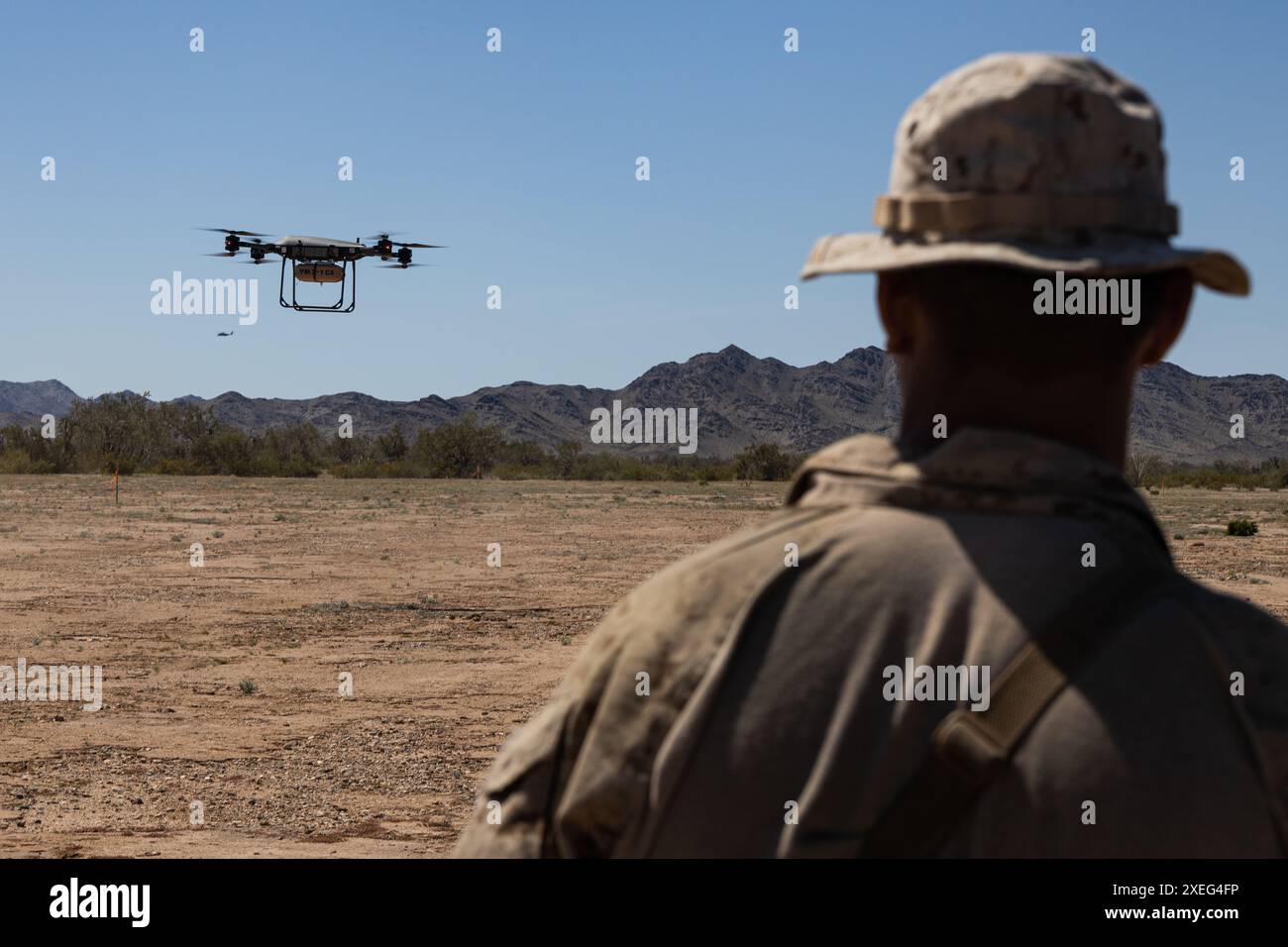 US Marines with Combat Logistics Battalion 13, Combat Logistics Regiment 17, 1st Marine Logistics Group, sperimenta con il Tactical Resupply Vehicle-150 Tactical Resupply Drone Unmanned Aerial System durante Weapons and Tactics Instructor Course 2-24 vicino Yuma, Arizona, 27 marzo 2024. WTI è un corso avanzato di livello laureato che fornisce addestramento tattico per migliorare e utilizzare armi e tattiche di aviazione avanzate. (Foto del corpo dei Marines degli Stati Uniti di Lance Cpl. Hannah Hollerud) Foto Stock