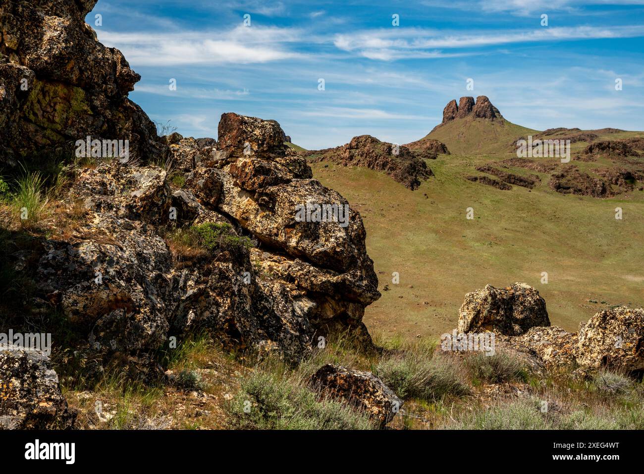 Ormeggiare all'ingresso delle guardie di roccia Three Fingers alle Owyhee Canyonlands dell'Oregon. Foto Stock