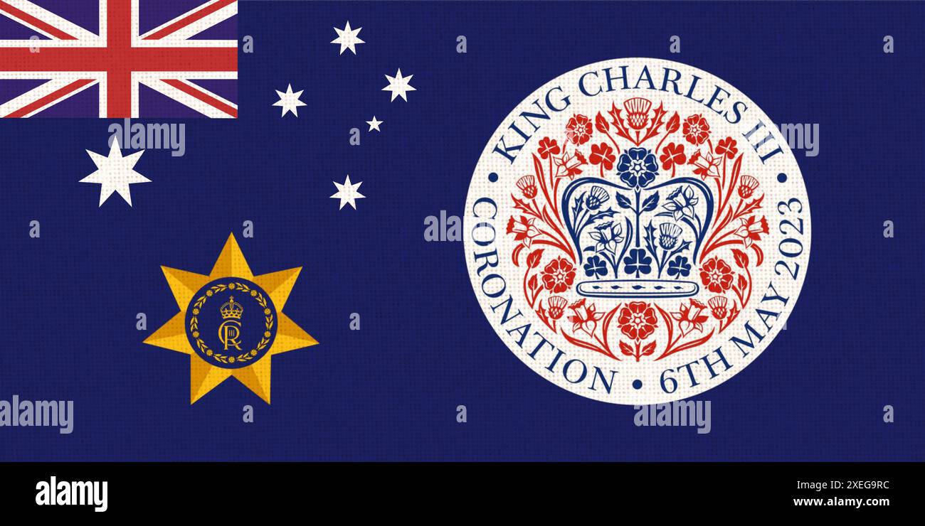 Illustrazione della bandiera australiana dell'incoronazione reale. Emblema ufficiale souvenir della Royal Coronation. Foto Stock