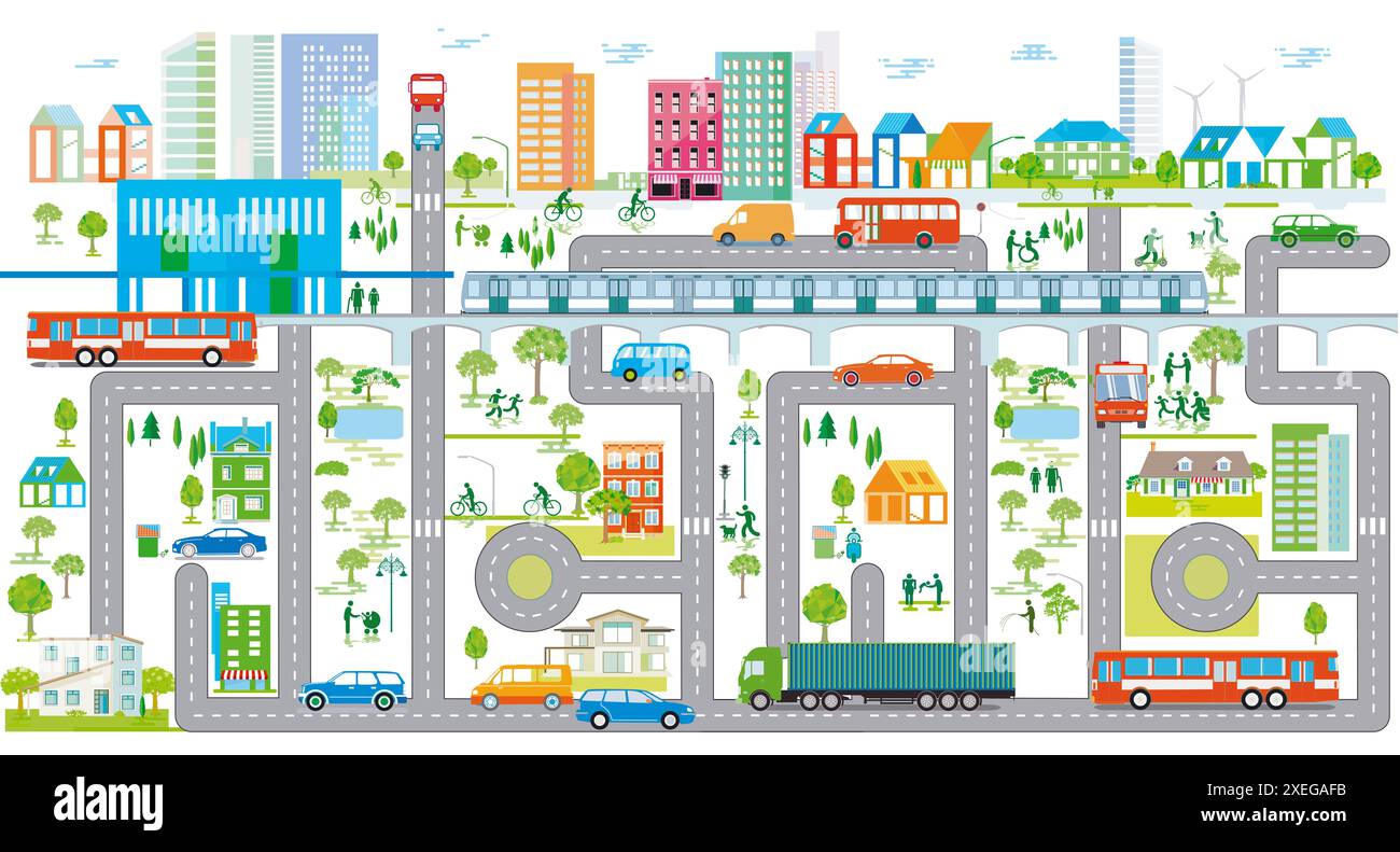 Panoramica della città con traffico e case, illustrazione delle informazioni Foto Stock