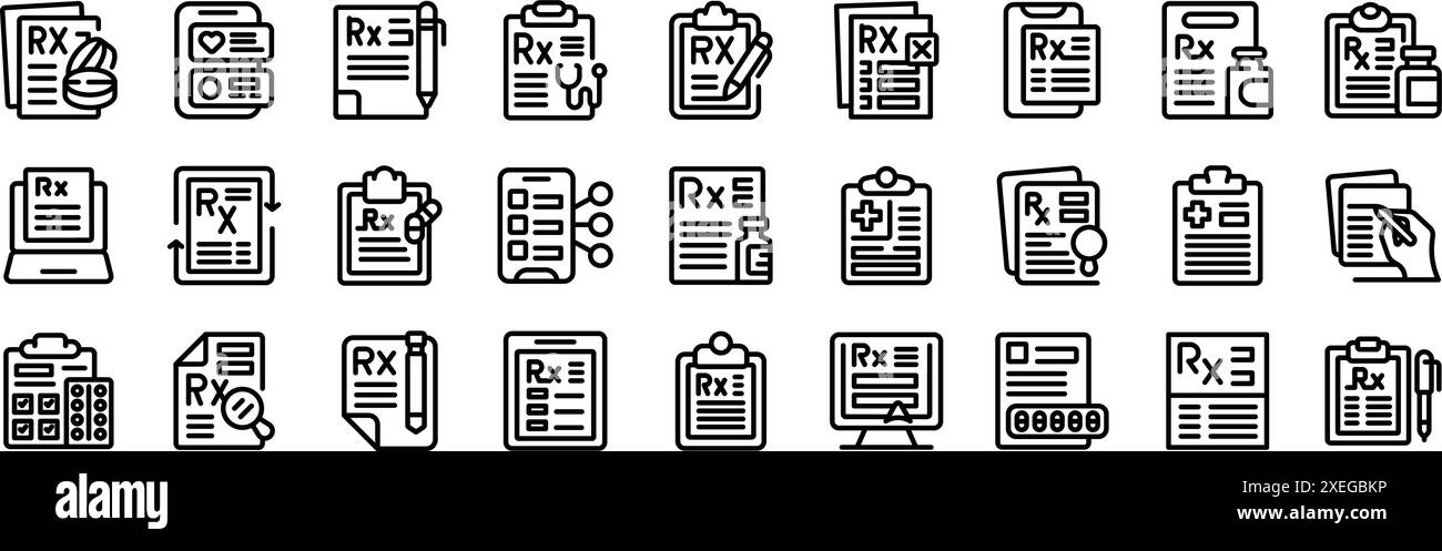 Set di icone forma RX. Set di icone relative alle prescrizioni mediche, tra cui medici che scrivono prescrizioni e danno consigli medici utilizzando la tecnologia moderna Illustrazione Vettoriale