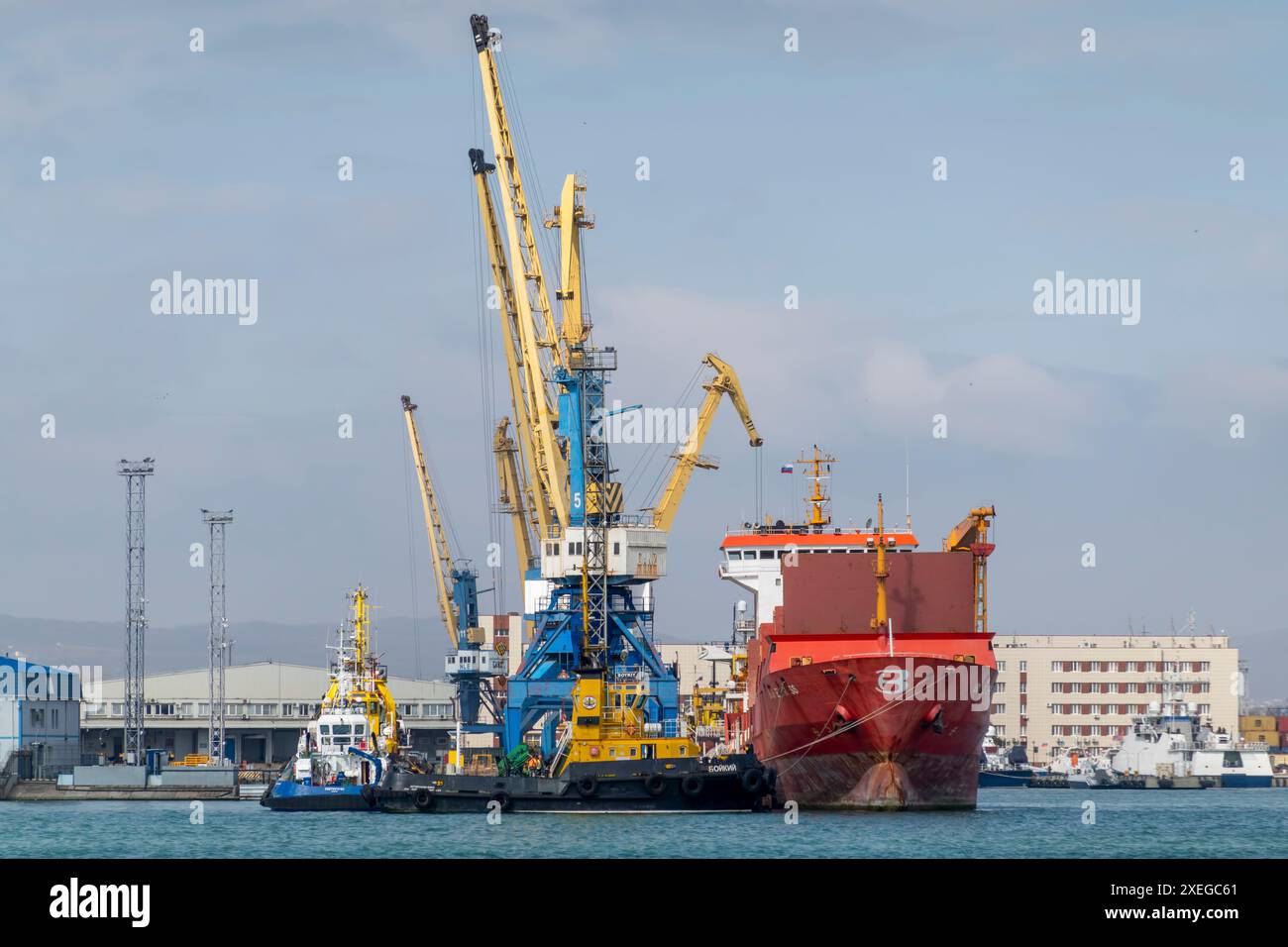Novorossiysk, Russia 08.18.2023. Gru portuali, Mar Nero, porto, territorio di Krasnodar, Novorossiys Foto Stock