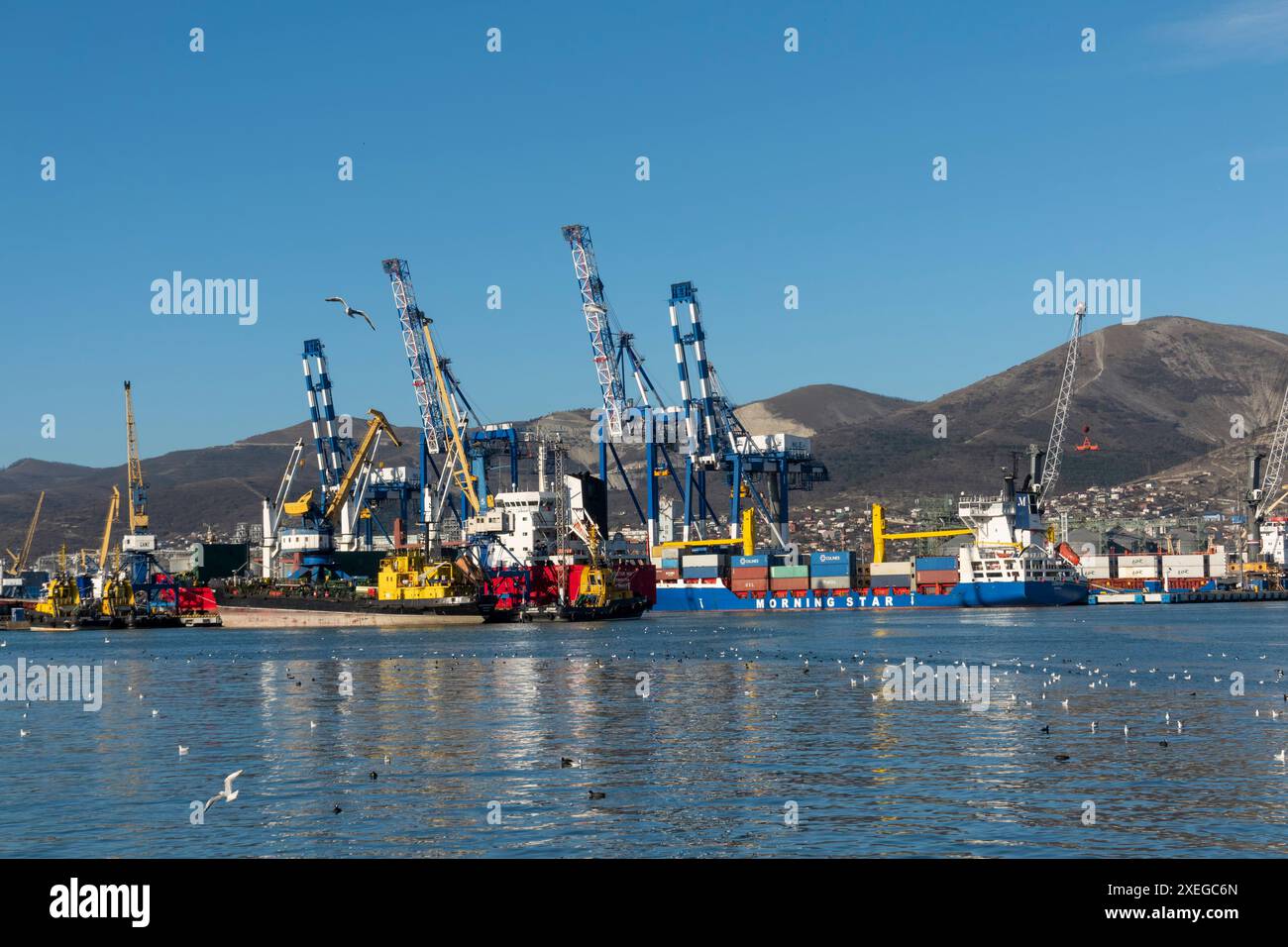 Novorossiysk, Russia 08.18.2023. Gru portuali, Mar Nero, porto, territorio di Krasnodar, Novorossiys Foto Stock
