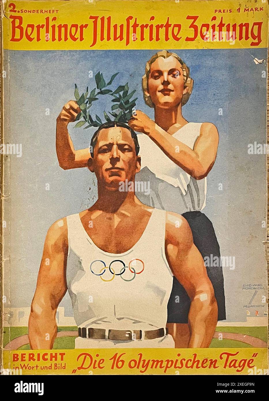 Un'edizione commemorativa del Berlin Illustrated Times che presenta le Olimpiadi del 1936. Questi olimpici (e quelli estivi) furono organizzati e messi in scena dalla Germania nazista e come tali furono un enorme impulso per l'ideale nazista. Tutte le persecuzioni e le loro tracce sono state sospese e i visitatori hanno appena visto un paese fiorente e opportunamente felice. Foto Stock