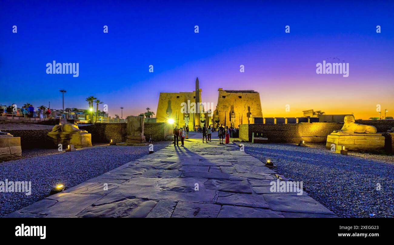 Viale delle Sfingi con testa umana che conduce al pilone del Tempio di Luxor di Ramsete II Foto Stock