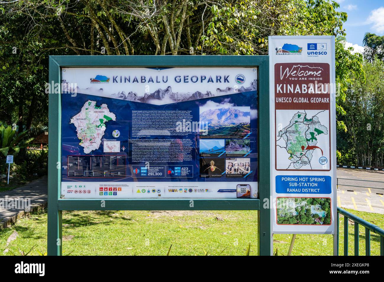 Scheda informativa e mappe del Kinabalu Geopark. Sabah, Borneo, Malesia. Foto Stock