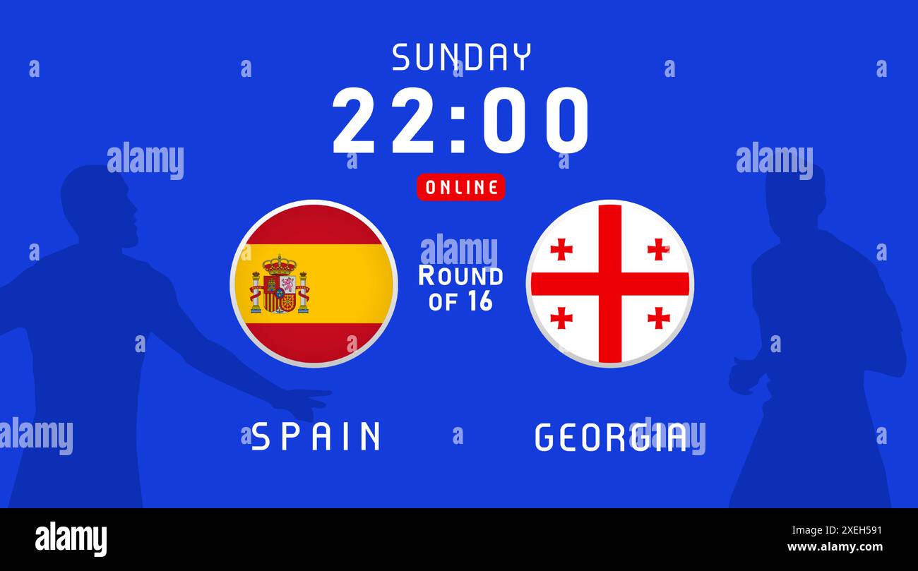 Spagna vs Georgia, Round of 16, giugno 2024, emblemi di bandiera. Sfondo vettoriale con bandiere spagnole e georgiane per il campionato di calcio, trasmissione televisiva Illustrazione Vettoriale