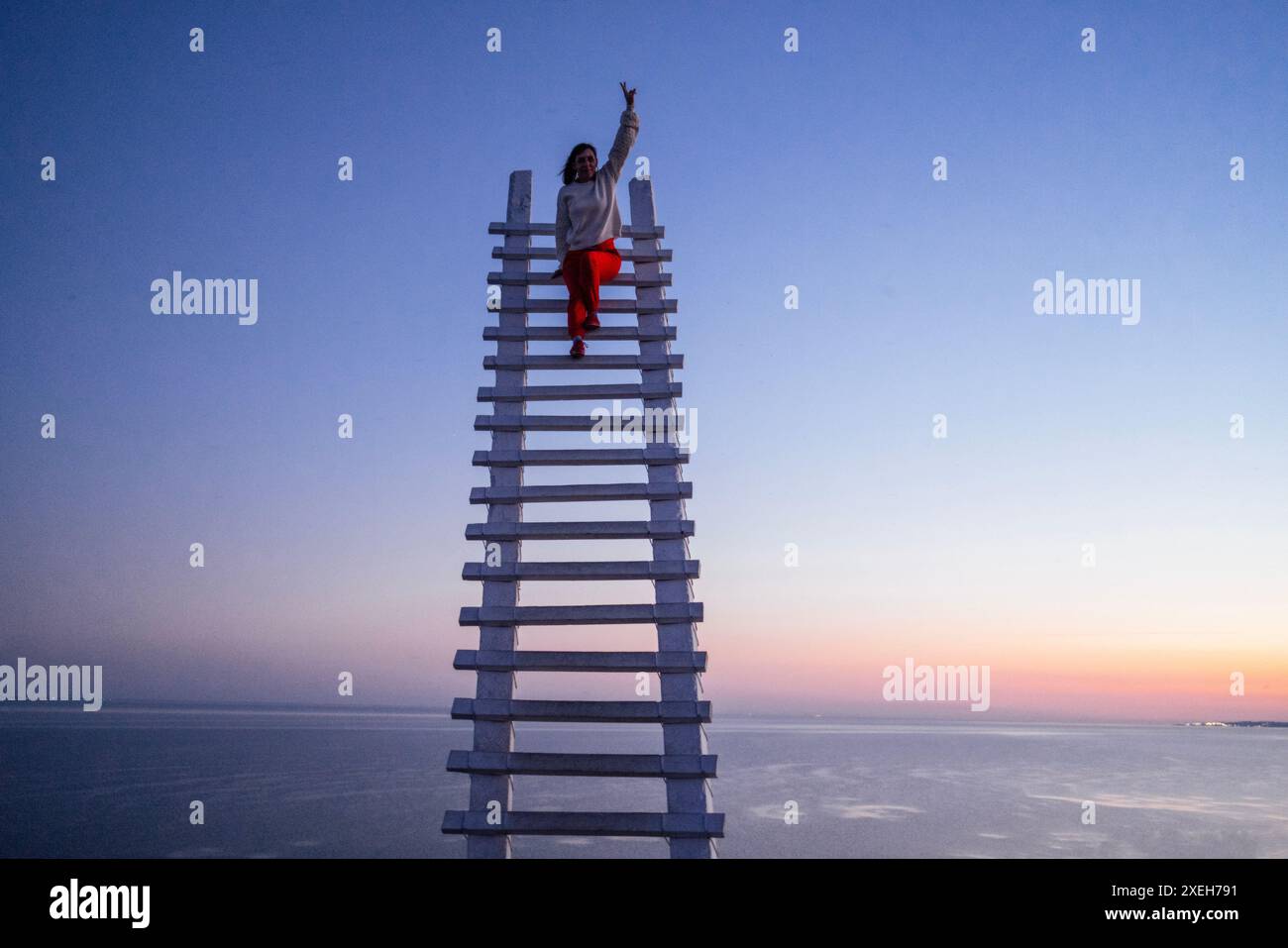 Una donna attraente sta ridendo e si siede in cima a una scala di legno all'aperto Foto Stock