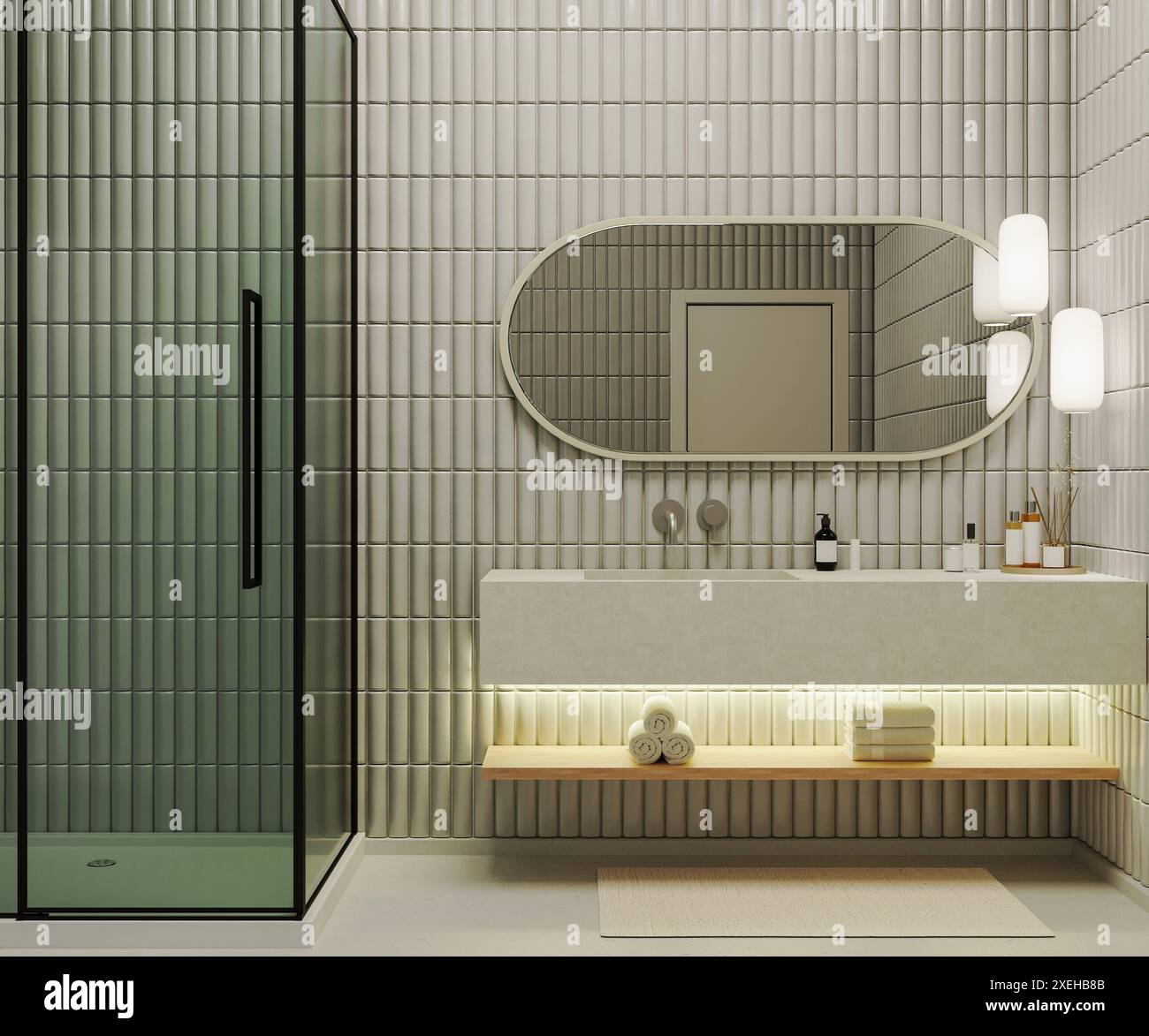 Bagno interno moderno con cabina doccia e lavabo in pietra con specchio, cosmetici e asciugamani, rendering 3d. Foto Stock