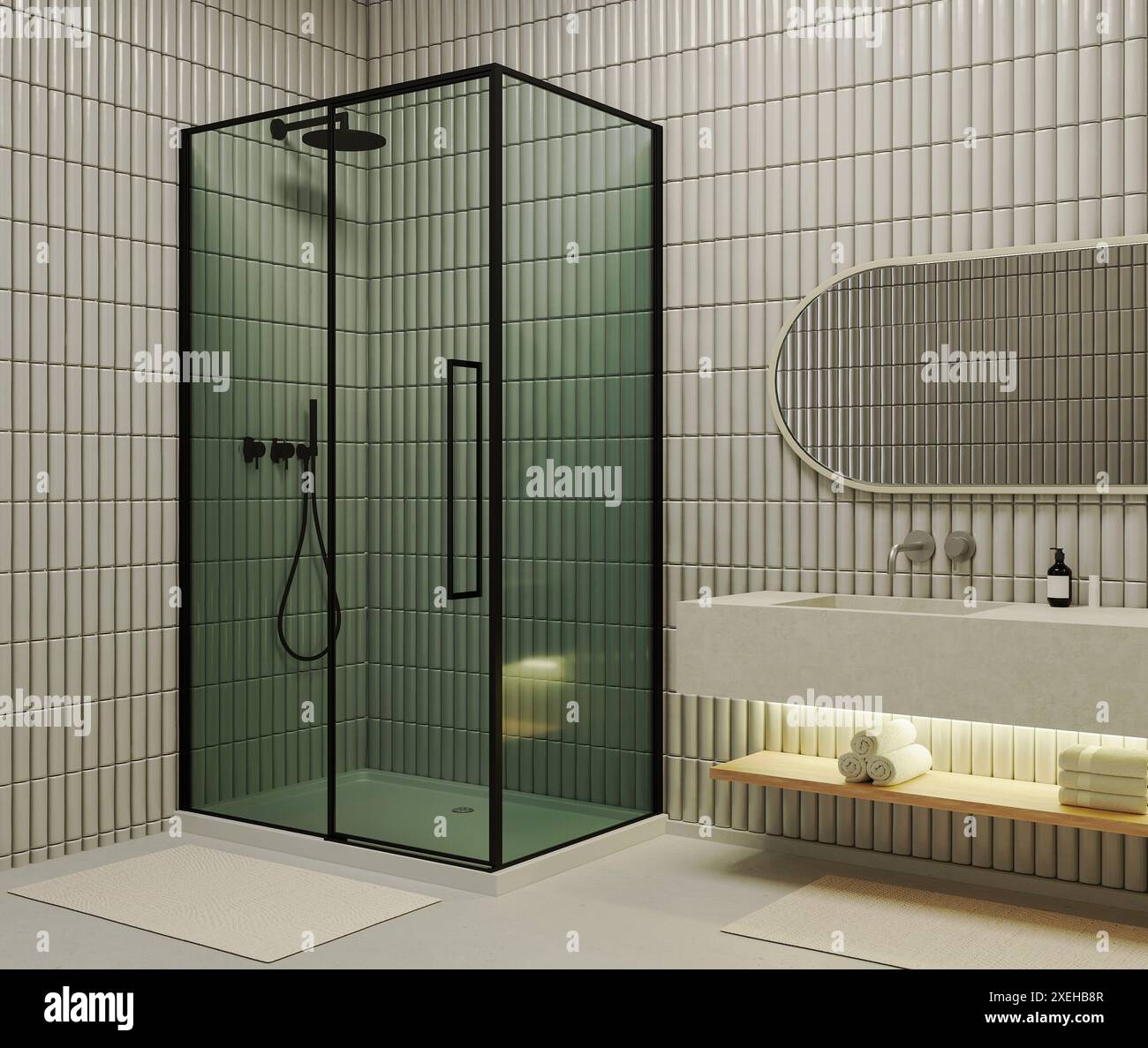 Bagno interno moderno con cabina doccia e lavabo in pietra con specchio, cosmetici e asciugamani, rendering 3d. Foto Stock