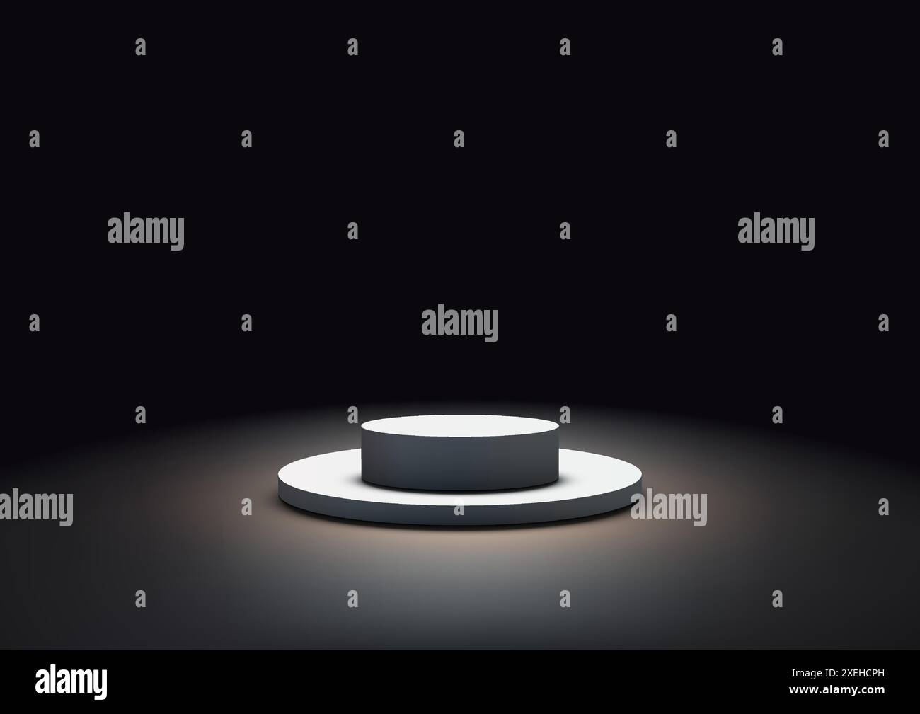 Podio bianco illuminato per esposizione di prodotti, Mockup e vetrina con sfondo scuro, modello di design elegante e moderno per showroom Illustrazione Vettoriale