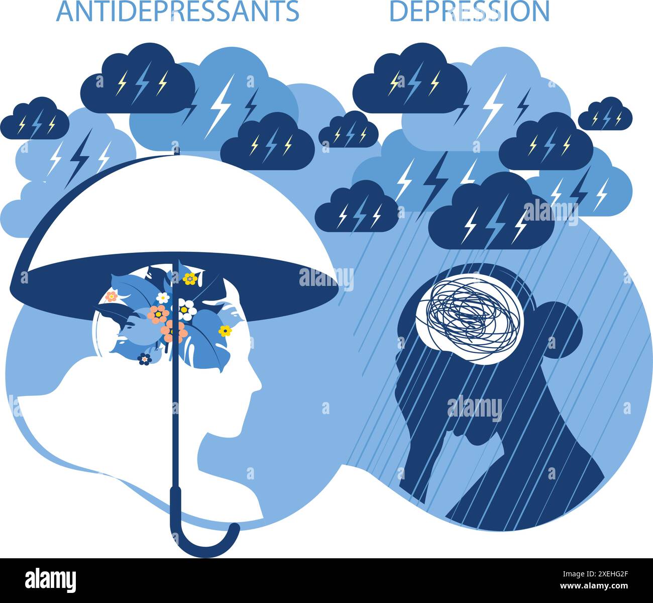 Concetto di salute mentale, antidepressivi e psicologia della depressione. Due donne diversi stati di coscienza mente - depressione e mentale positivo Illustrazione Vettoriale