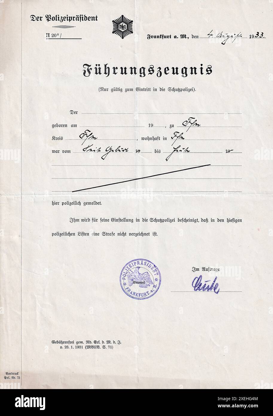 Certificato di buona condotta del Reich tedesco. Foto Stock