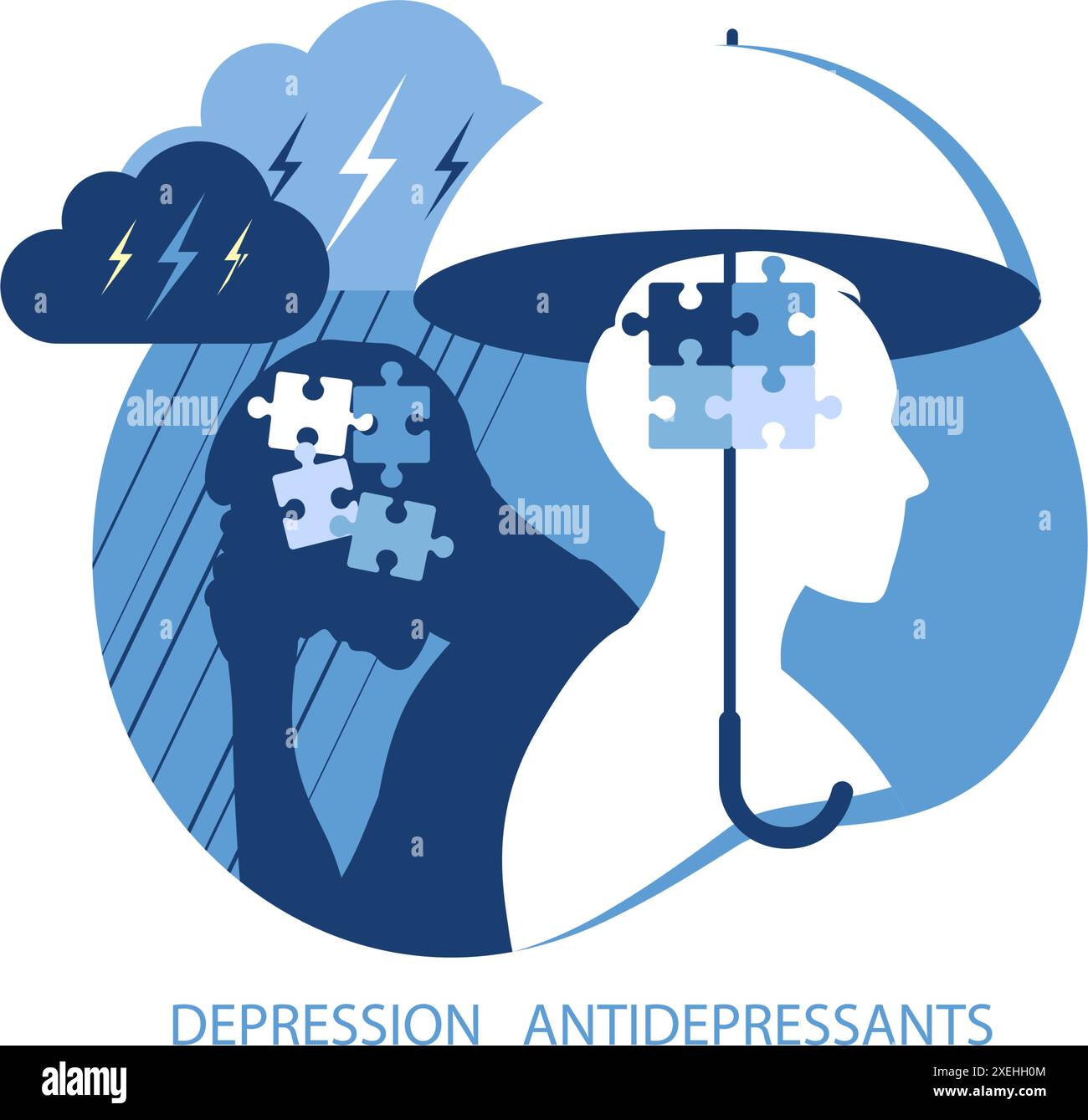Concetto di salute mentale, antidepressivi e psicologia della depressione. Due uomini diversi stati di coscienza mente - depressione e mentale positivo Illustrazione Vettoriale