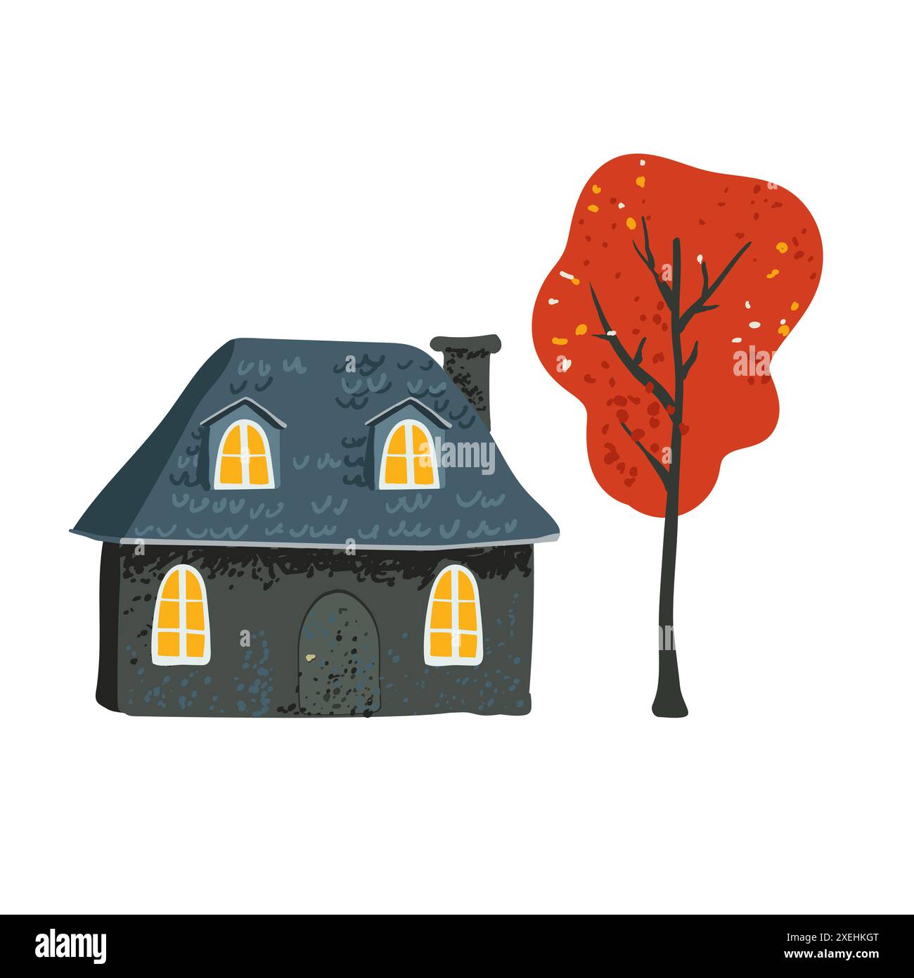 Casa da favola con tetto piastrellato in uno stile semplice minimalista, foglie rosse su un albero su uno sfondo bianco. Cartolina e poster. Carta da imballaggio e tessuti Illustrazione Vettoriale