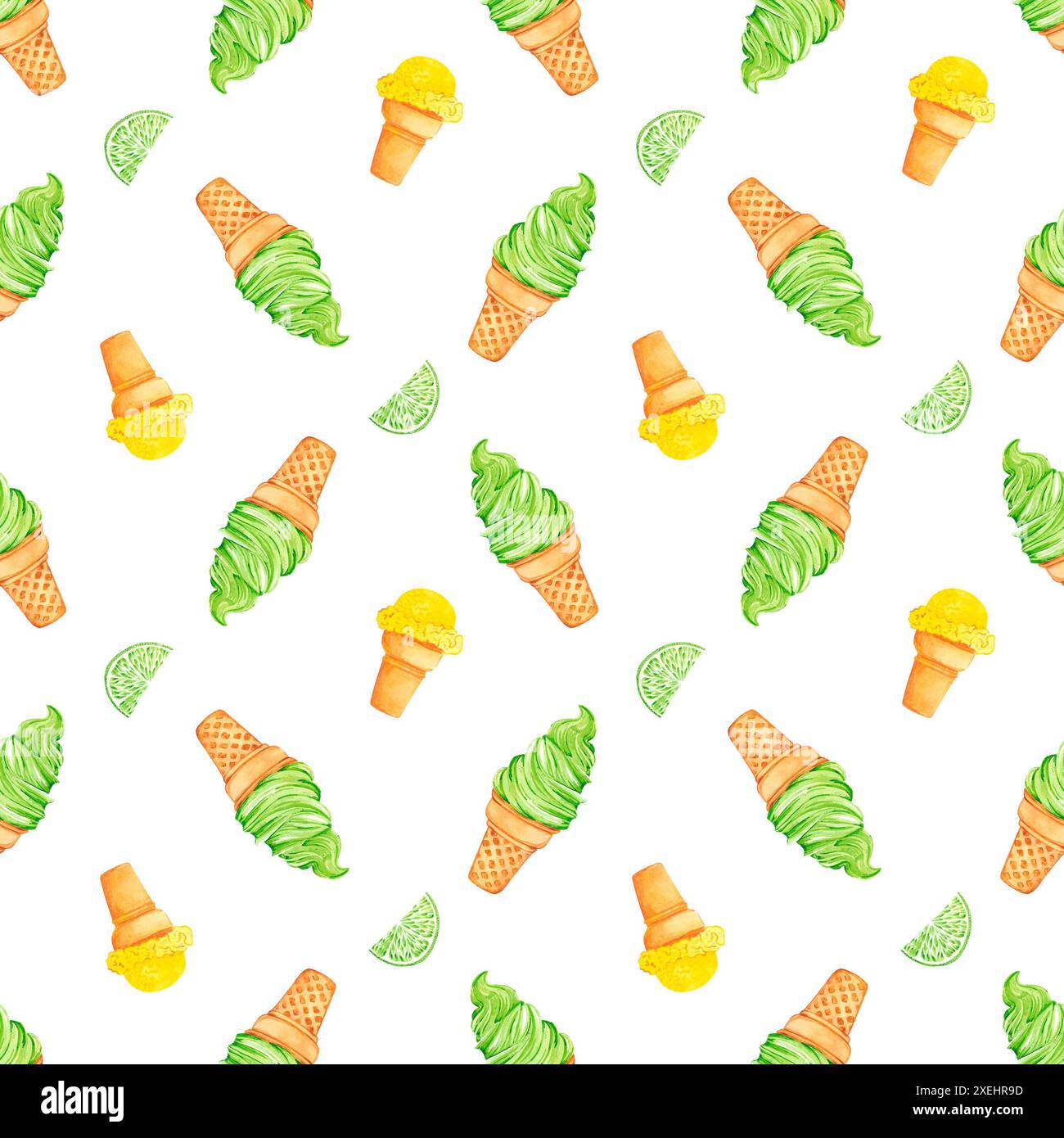 Cono per gelato ad acquerello disegnato a mano con motivo limonato senza cuciture isolato su sfondo bianco. Può essere utilizzato per tessuti, tessuti, involucri e altri articoli Foto Stock