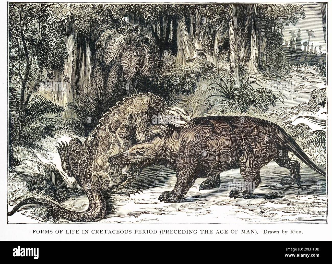 FORME DI VITA NEL PERIODO CRETACEO (PRIMA DELL'ETÀ DELL'UOMO).— tratto da Riou dal volume 1 della storia universale di Ridpath: Un resoconto dell'origine, della condizione primitiva e dello sviluppo etnico delle grandi razze dell'umanità, e dei principali eventi nell'evoluzione e nel progresso della vita civile tra uomini e nazioni, da fonti recenti e autentiche con un'indagine preliminare sull'ora, il luogo e le modalità dell'inizio di Ridpath, John Clark, 1840-1900 pubblicato nel 1897 Foto Stock