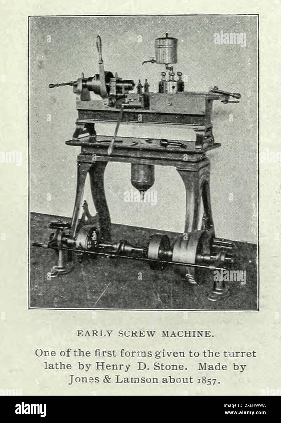 Prima macchina a vite una delle prime forme date al tornio torretta da Henry D. Stone. Realizzato da jones & Lamson intorno al 1857 dall'articolo THE REVOLUTION IN MACHINE-SHOP PRACTICE. Di Henry Roland. PARTE II LO SVILUPPO DELLA MACCHINA A VITE AUTOMATICA. Dalla rivista Engineering dedicata al progresso industriale volume XVIII 1899-1900 The Engineering Magazine Co Foto Stock