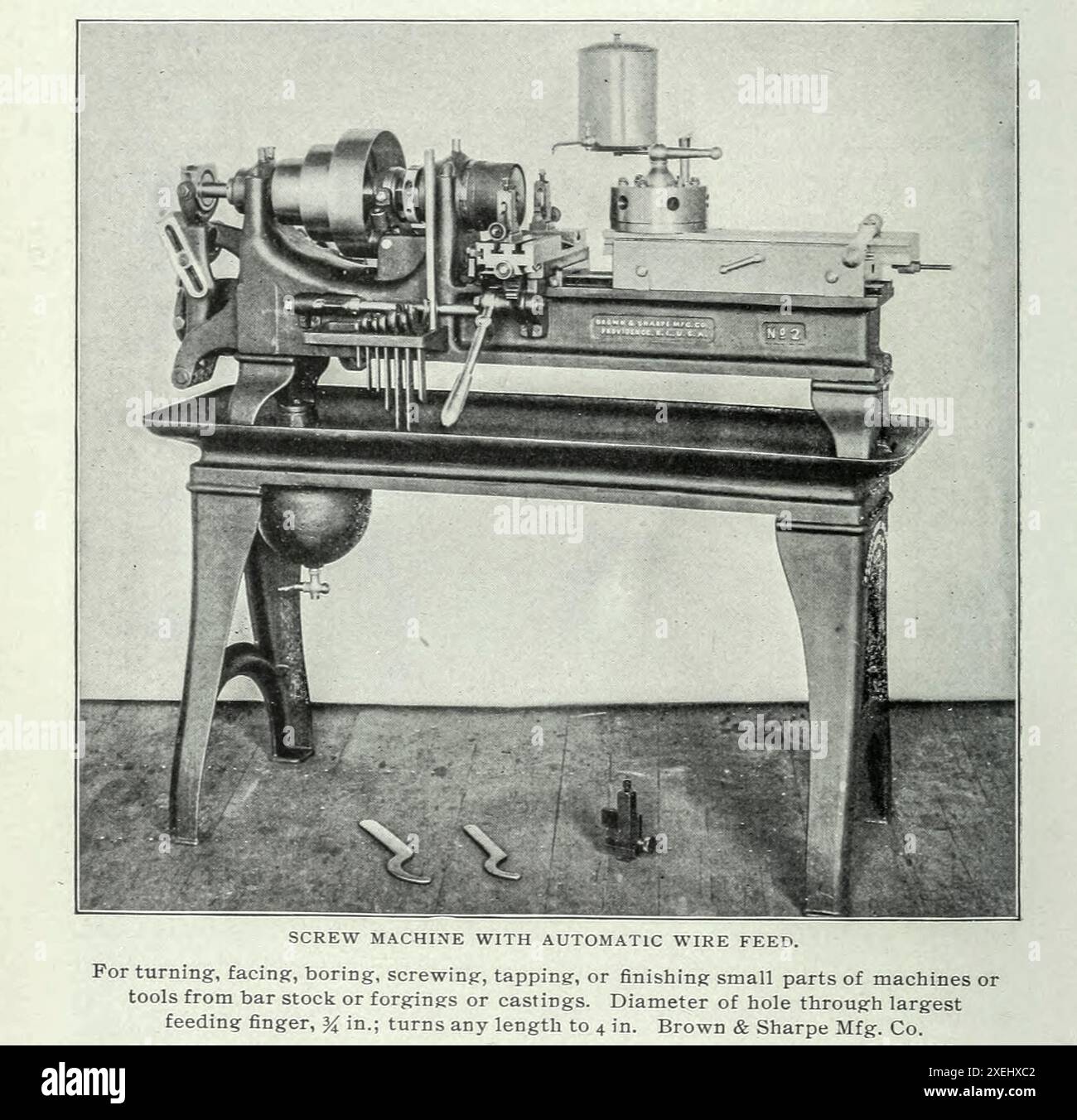 MACCHINA A VITE CON ALIMENTAZIONE AUTOMATICA DEL FILO. Per tornitura, foratura, avvitamento, maschiatura, o la finitura di piccole parti di macchine o utensili da barre, forgiature o fusioni. Diametro del foro attraverso il dito di avanzamento più grande, 3/4 poll.; ruota qualsiasi lunghezza fino a 4 poll. Brown & Sharpe Mfg. Co. Dall'articolo THE REVOLUTION IN MACHINE-SHOP PRACTICE. Di Henry Roland. PARTE III APPLICAZIONE DELLA TORRETTA A LAVORI GENERICI IN OFFICINA. Dalla rivista Engineering dedicata al progresso industriale volume XVIII 1899-1900 The Engineering Magazine Co Foto Stock