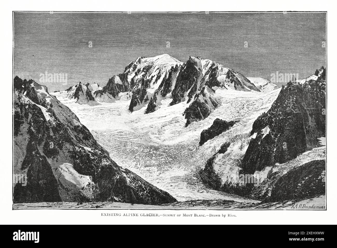 Ghiacciaio alpino esistente - sommità del Monte bianco disegnata da Riou dal volume 1 della storia universale di Ridpath: Un resoconto dell'origine, delle condizioni primitive e dello sviluppo etnico delle grandi razze dell'umanità, e dei principali eventi nell'evoluzione e nel progresso della vita civile tra uomini e nazioni, da fonti recenti e autentiche con un'indagine preliminare sull'ora, il luogo e le modalità dell'inizio di Ridpath, John Clark, 1840-1900 pubblicato nel 1897 Foto Stock