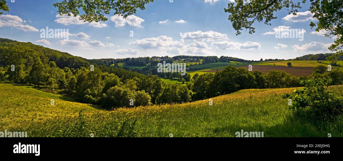 Paesaggio culturale collinare con cielo blu e nuvole, Wetter (Ruhr), regione della Ruhr, Germania, Europa Foto Stock