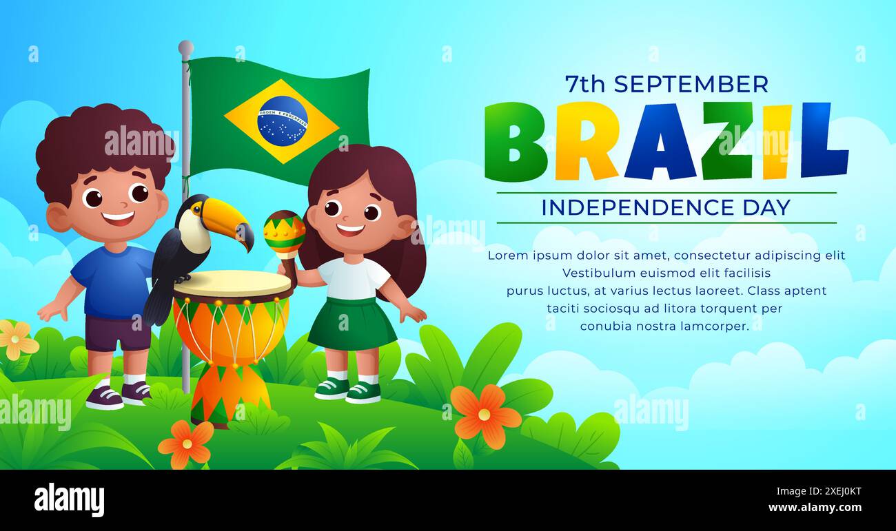 I bambini brasiliani celebrano il giorno dell'indipendenza del Brasile con erba tropicale, uccelli di tucano e bandiere ondulate. Traduzione : ordine e avanzamento Illustrazione Vettoriale