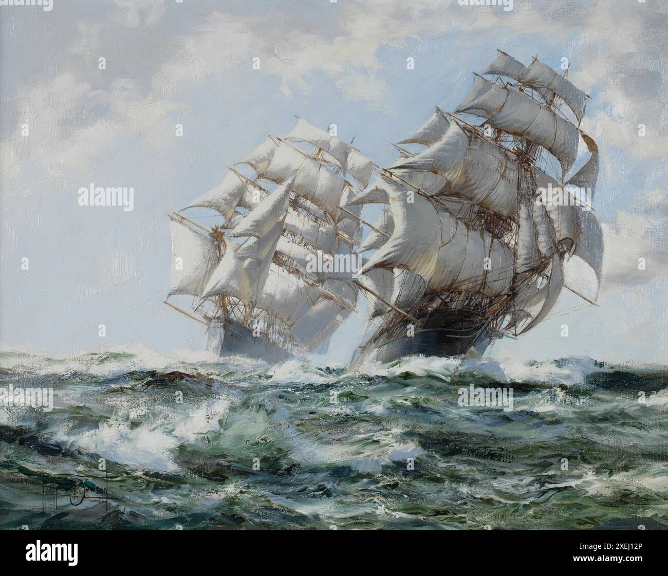 I potenti regolacapelli "Taeping" e "Ariel" che corrono a casa con il tè della nuova stagione. Montague Dawson (britannico, 1890–1973) Foto Stock
