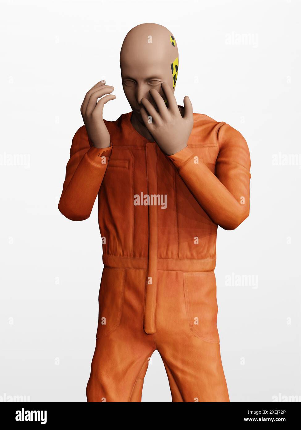 rendering in 3d di un simulatore di incidente automobilistico per mostrare incredulità o delusione di emozioni negative su sfondo bianco isolato Foto Stock