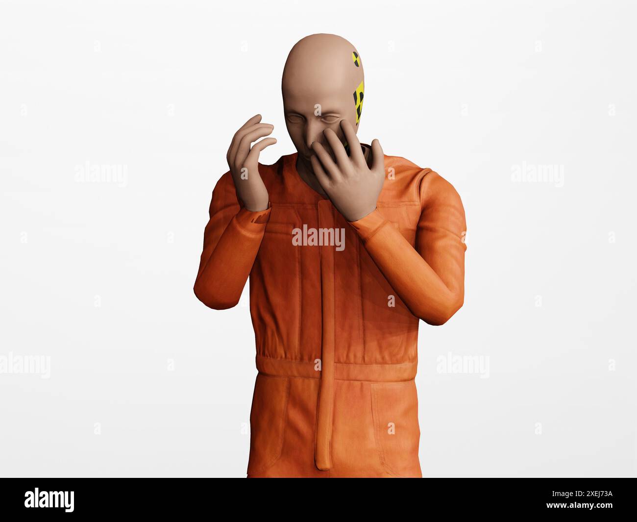 rendering in 3d di un simulatore di incidente automobilistico per mostrare incredulità o delusione di emozioni negative su sfondo bianco isolato Foto Stock