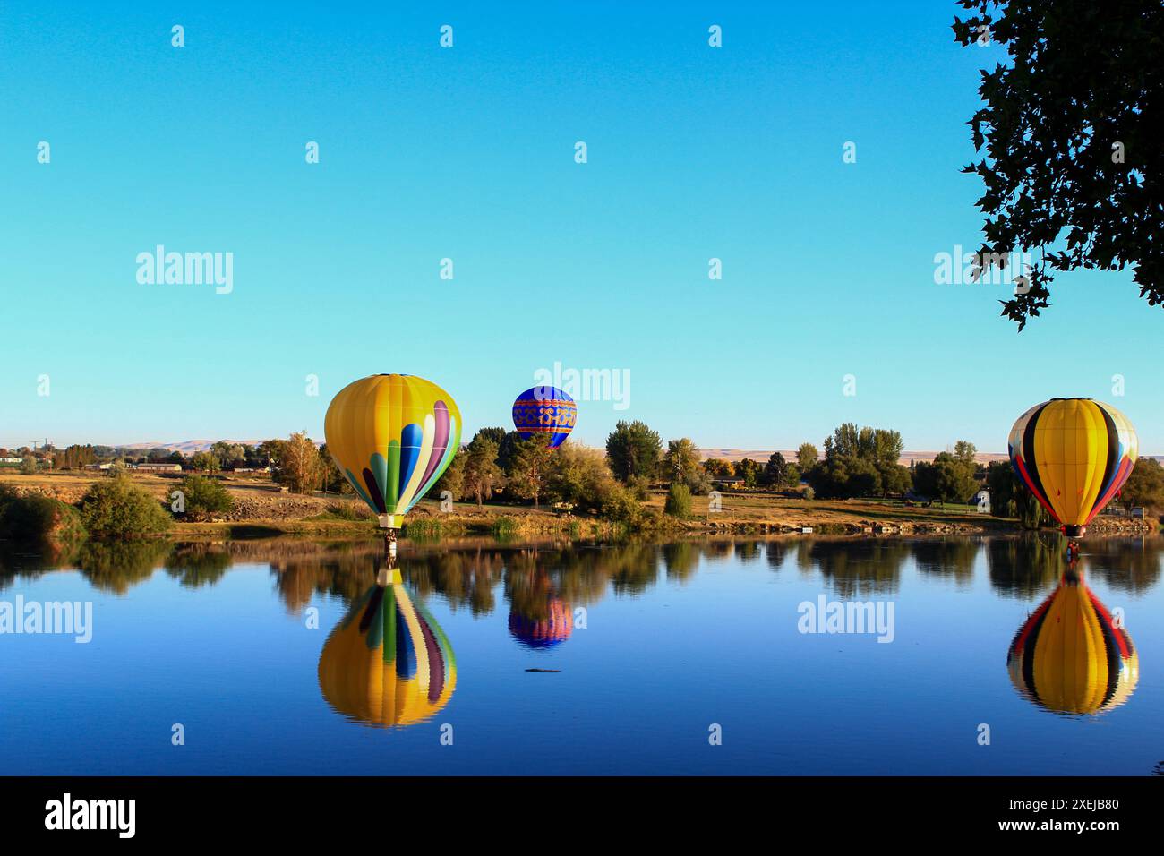 Salita all'alba di palloncini vibranti sull'acqua Foto Stock