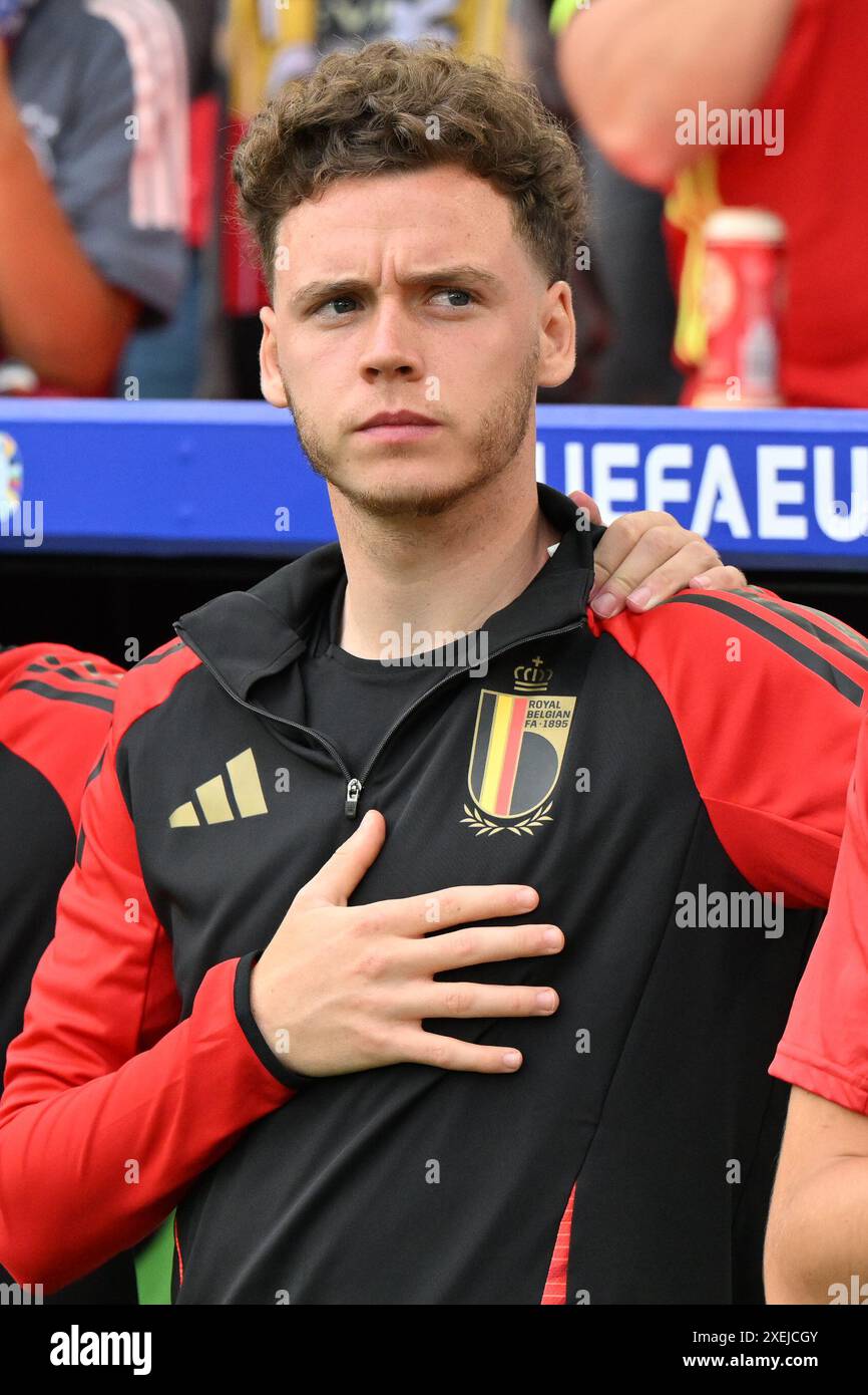 Maxim De Cuyper (25) del Belgio, nella foto di una partita di calcio tra le squadre nazionali dell'Ucraina e del Belgio, denominata Red Devils nella terza giornata del gruppo e nella fase a gironi del torneo UEFA Euro 2024 , giovedì 26 giugno 2024 a Stoccarda , Germania . FOTO SPORTPIX | David Catry Foto Stock