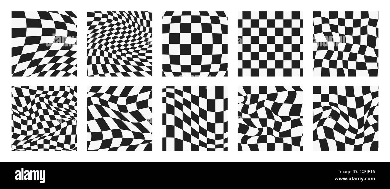 Scacchiera psichedelica. Set di sfondi hippie degli anni '70. Carta da parati a scacchi Trippy. Illustrazione vettoriale retrò in stile Y2K. Monocromatico distorto Illustrazione Vettoriale