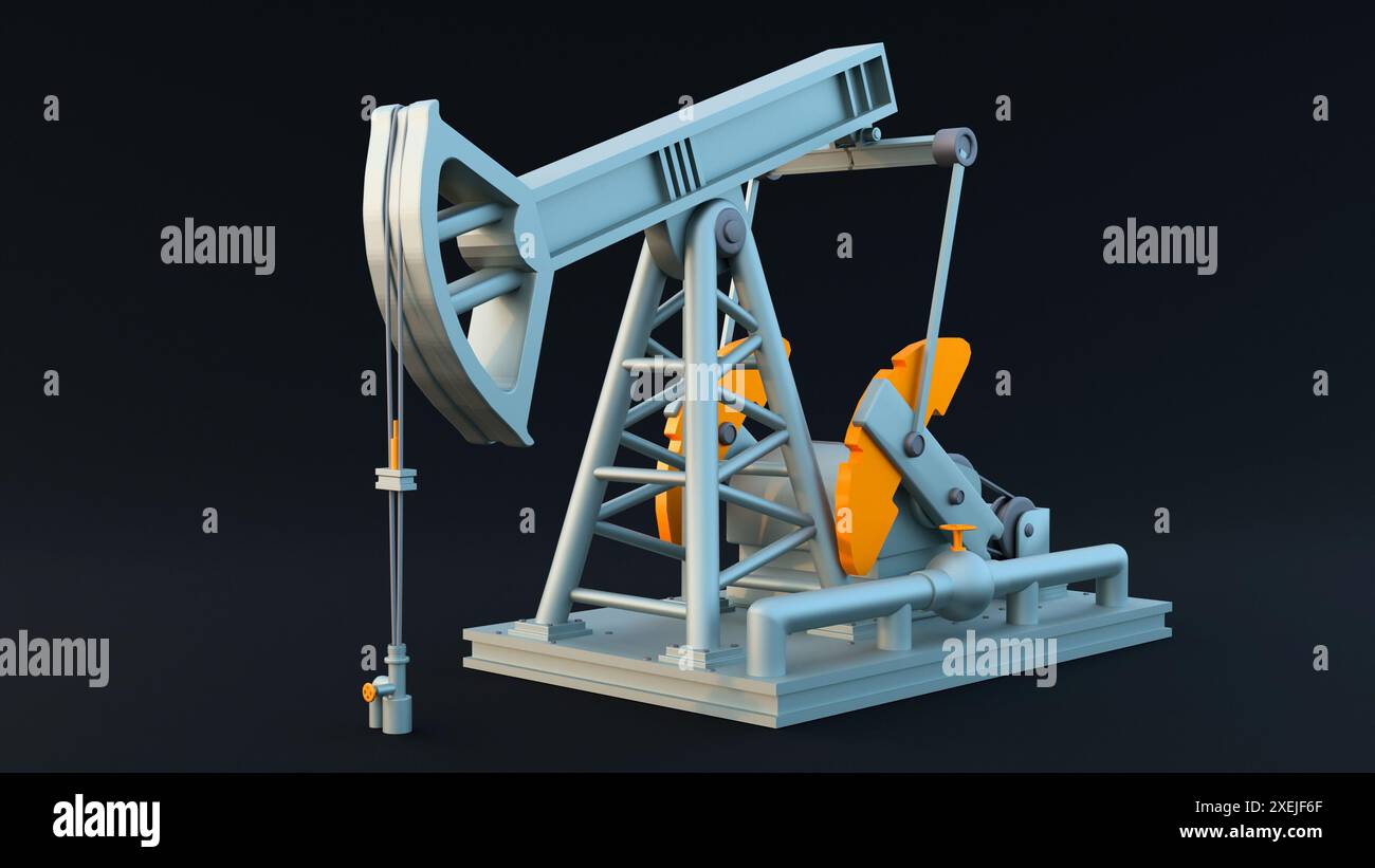 rendering 3d di un martinetto a pompa, noto anche come un asino che annuisce o una pompa a testa di cavallo. Si tratta di un tipo di testa di pozzo meccanizzata utilizzato per estrarre l'olio dal pozzo petrolifero Foto Stock