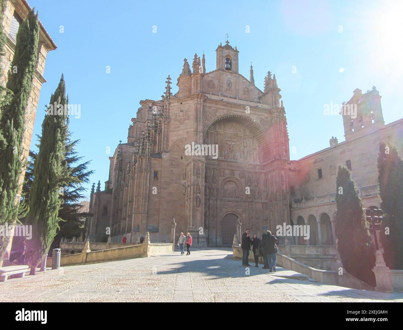cattedrale con intricati lavori in pietra, circondata da cipressi Foto Stock